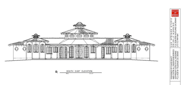 Architectural elevation drawing of a long, symmetrical building with a central domed roof and side wings