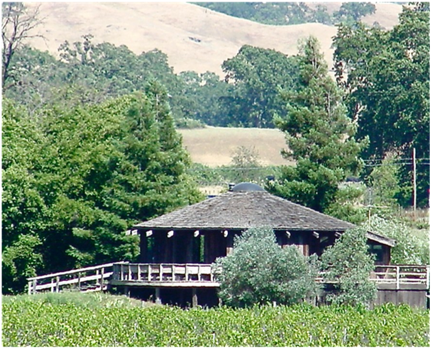 Rustic cabin with porch amid green trees and fields on a hillside