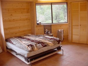Cozy bedroom with a bed, wooden walls, large window, and closet doors