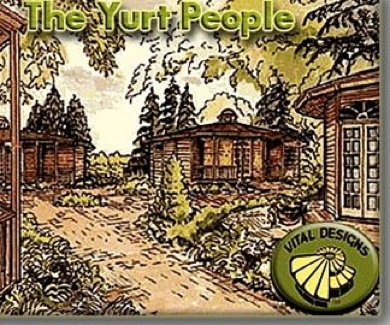 Logo with cabins and yurt homes in a forest, titled “The Yurt People,” with a circular “Vital Designs” emblem.