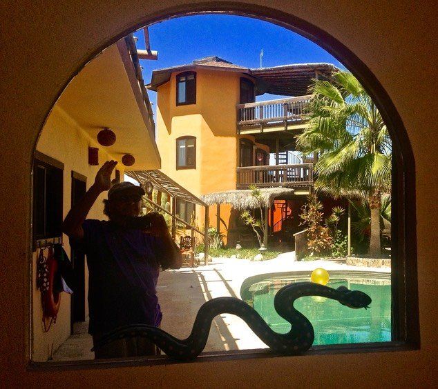 Courtyard view through an archway, with a person by a pool and yellow buildings in the background