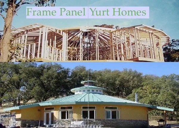 Two yurt homes, one under construction and one finished with a green roof, in a wooded setting