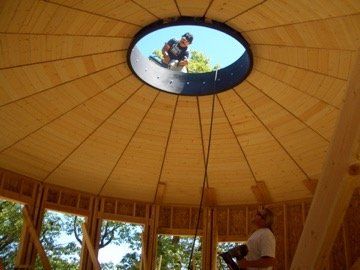 Two people on a rope swing inside a circular wooden dome with a skylight opening above.
