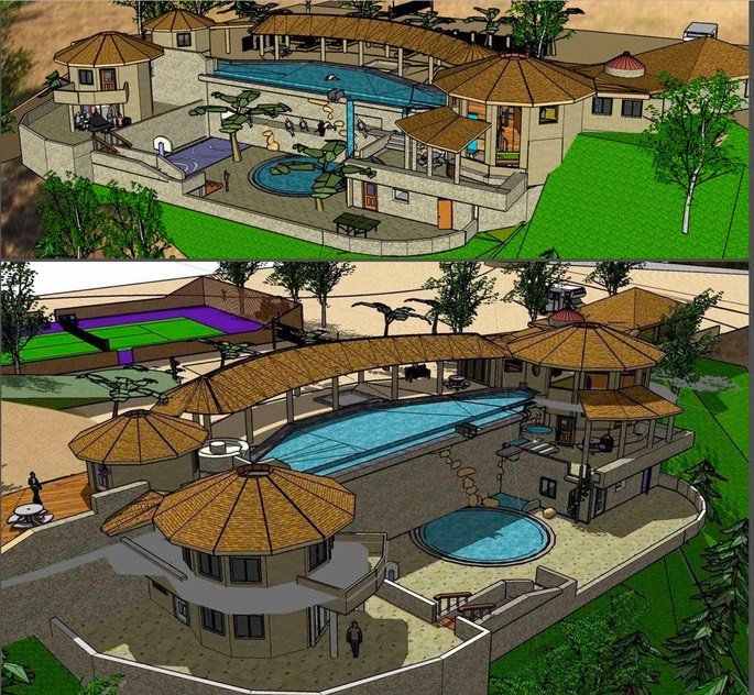 3D render of a resort pool area with multiple thatched-roof buildings and a tennis court, shown from two angles