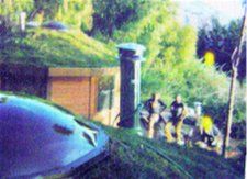 People standing by a roadside near a parked car and greenery in bright sunlight