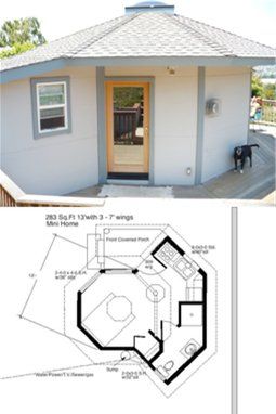 Exterior photo and floor plan of a small octagonal house with a covered porch and central doorway.