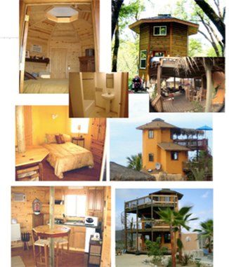 Collage of rustic wooden treehouse-style lodges and interiors with bedrooms, kitchen, and balconies