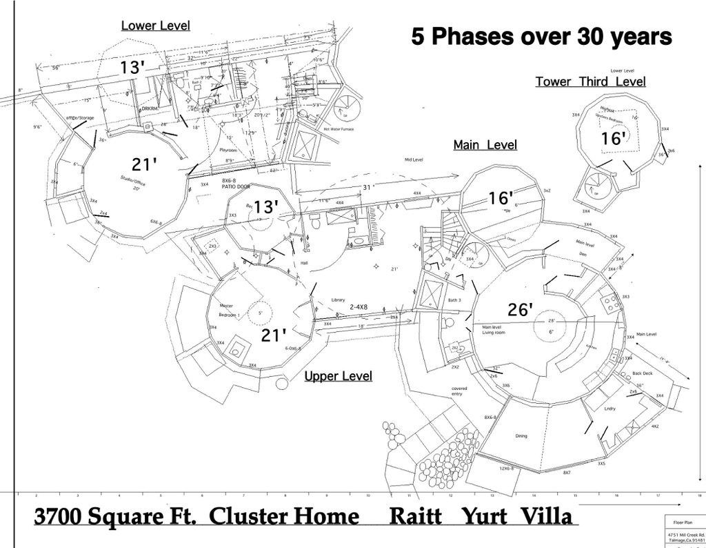 Diagram of a 5-phase, 30-year clustered home plan for a 3700 sq. ft. yurt villa.