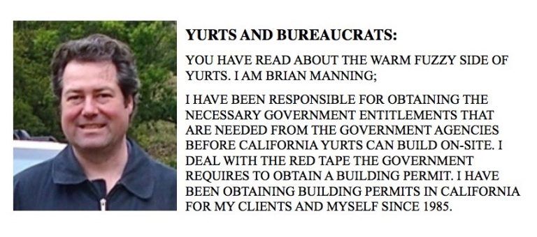 Man with text block about “Yurts and Bureaucrats,” discussing federal regulations and permits.
