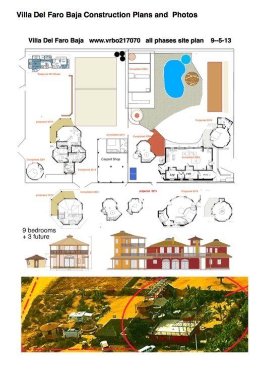 Villa del Faro Baja construction plans with floor plan, elevations, and aerial site photo