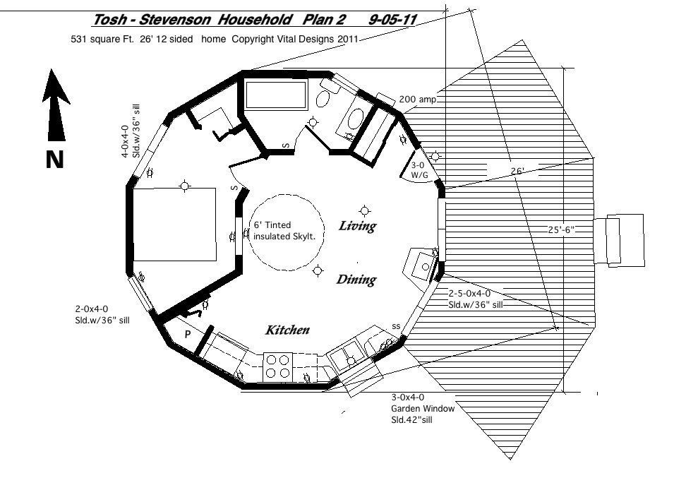 Black-and-white floor plan of a circular house layout with labeled rooms and a north arrow.