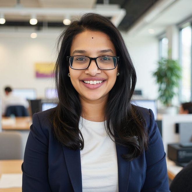 Smiling person with glasses in a navy blazer in a modern office setting