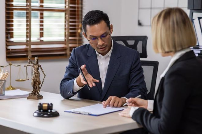 Two people in a law office discussing documents at a desk, with a scale of justice nearby.