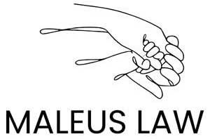 Hand holding another hand with text “MALEUS LAW” underneath