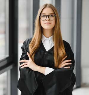 Person with glasses and long hair standing with arms crossed in a bright hallway, wearing a black robe.