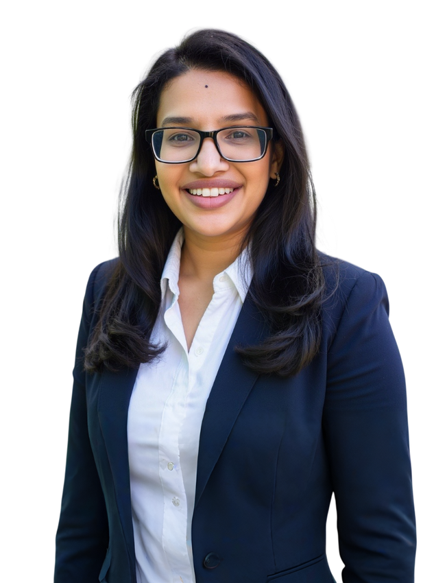 Smiling professional in navy blazer and white shirt against a white background