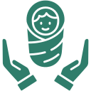 Green icon of a swaddled baby cradled in two hands