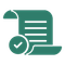 Green checklist document icon with a checkmark badge and folded corner