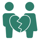 Two green people split by a broken heart icon