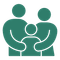 Stylized teal icon of a family holding hands, with two adults and a child on white background