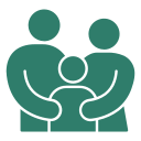 Stylized teal icon of a family holding hands, with two adults and a child on white background