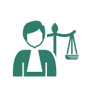 Green legal scale icon with a person silhouette holding balance scales