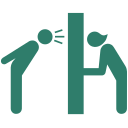 Turquoise icon of two people speaking through a wall, showing communication across a barrier
