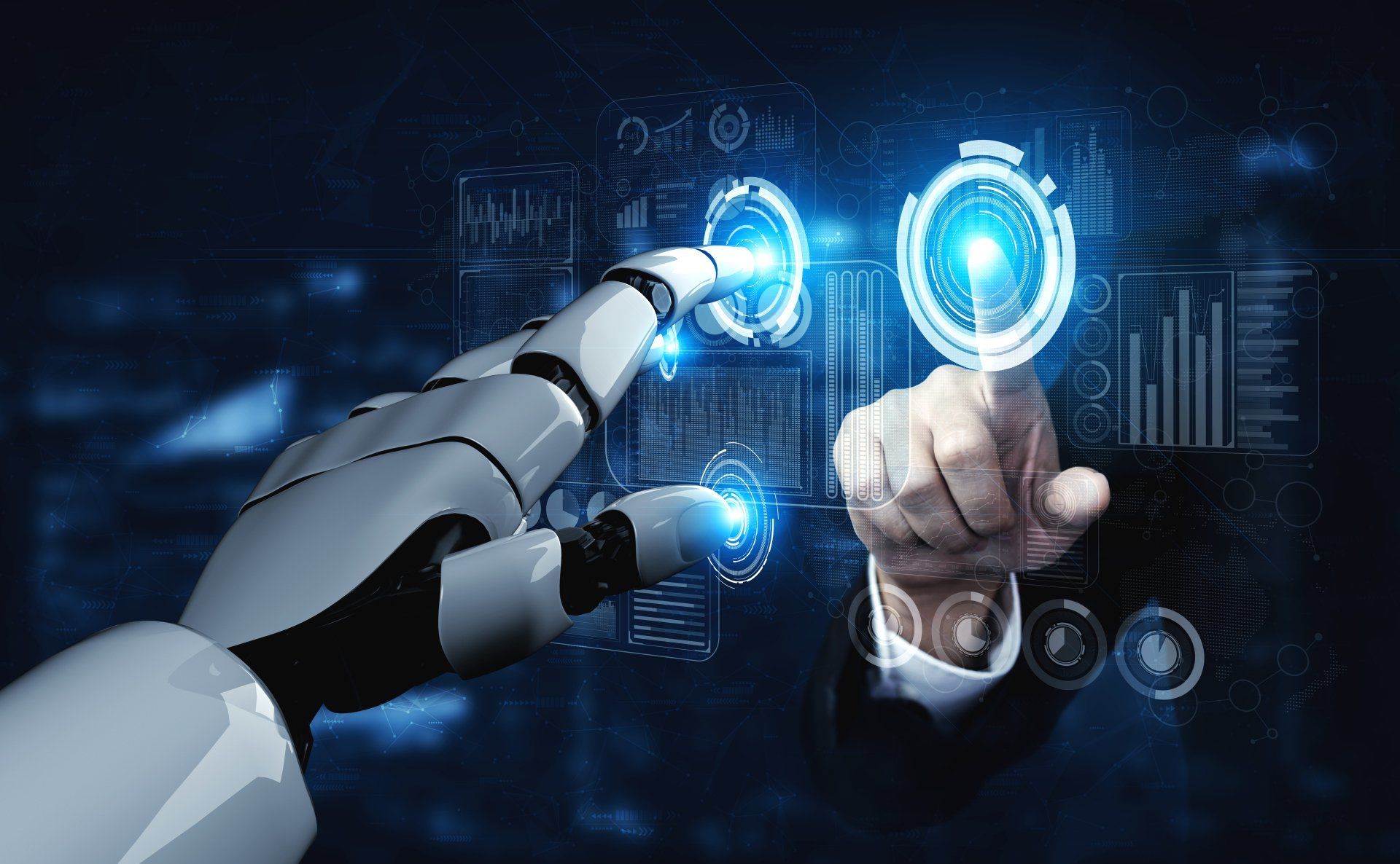 Futuro robot de inteligencia artificial y cyborg inteligencia artificial manos