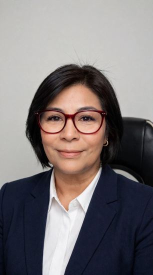Person in a navy blazer and white shirt, wearing red glasses, seated against a plain light background.