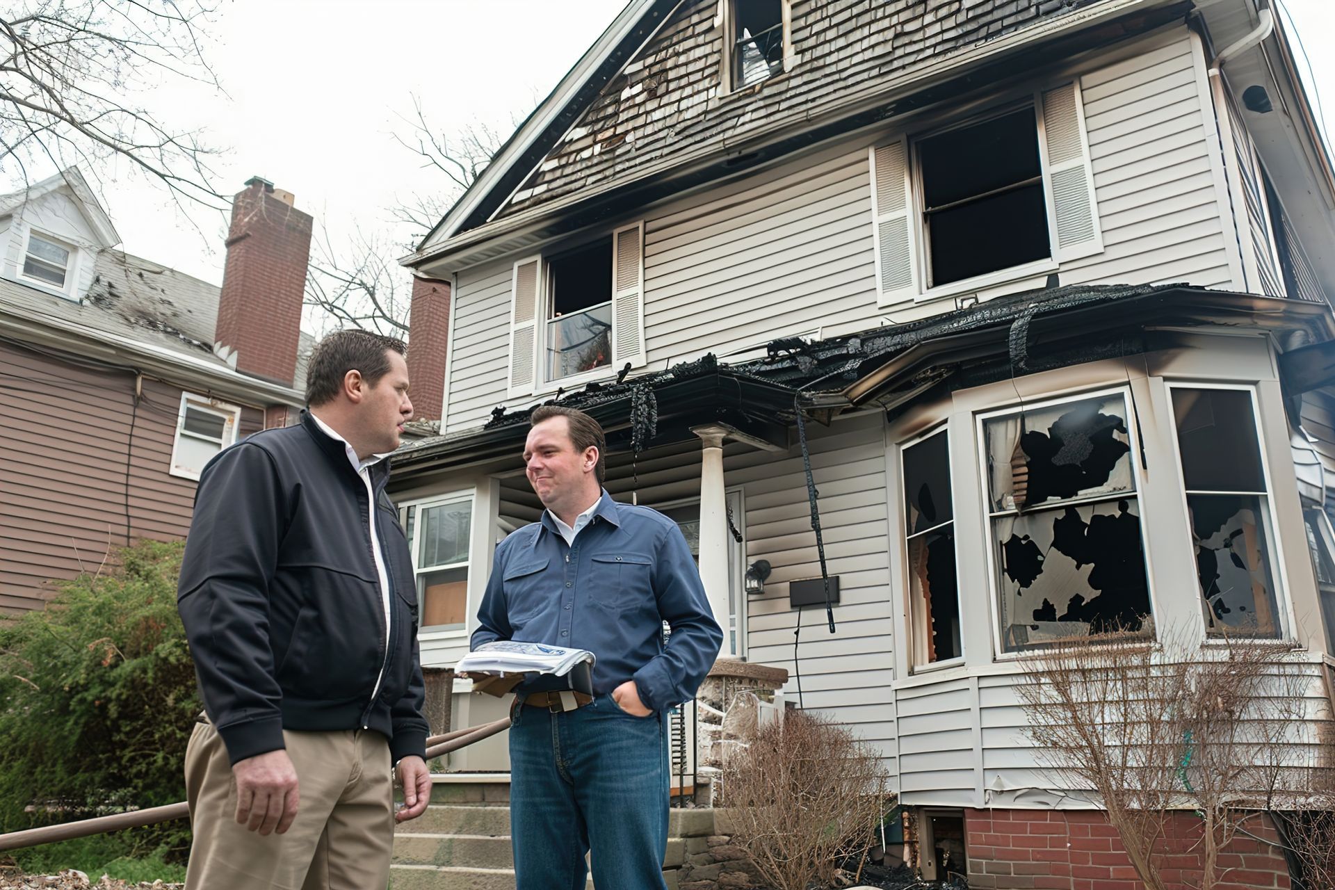 Two men stand outside a damaged house with broken windows and charred siding.