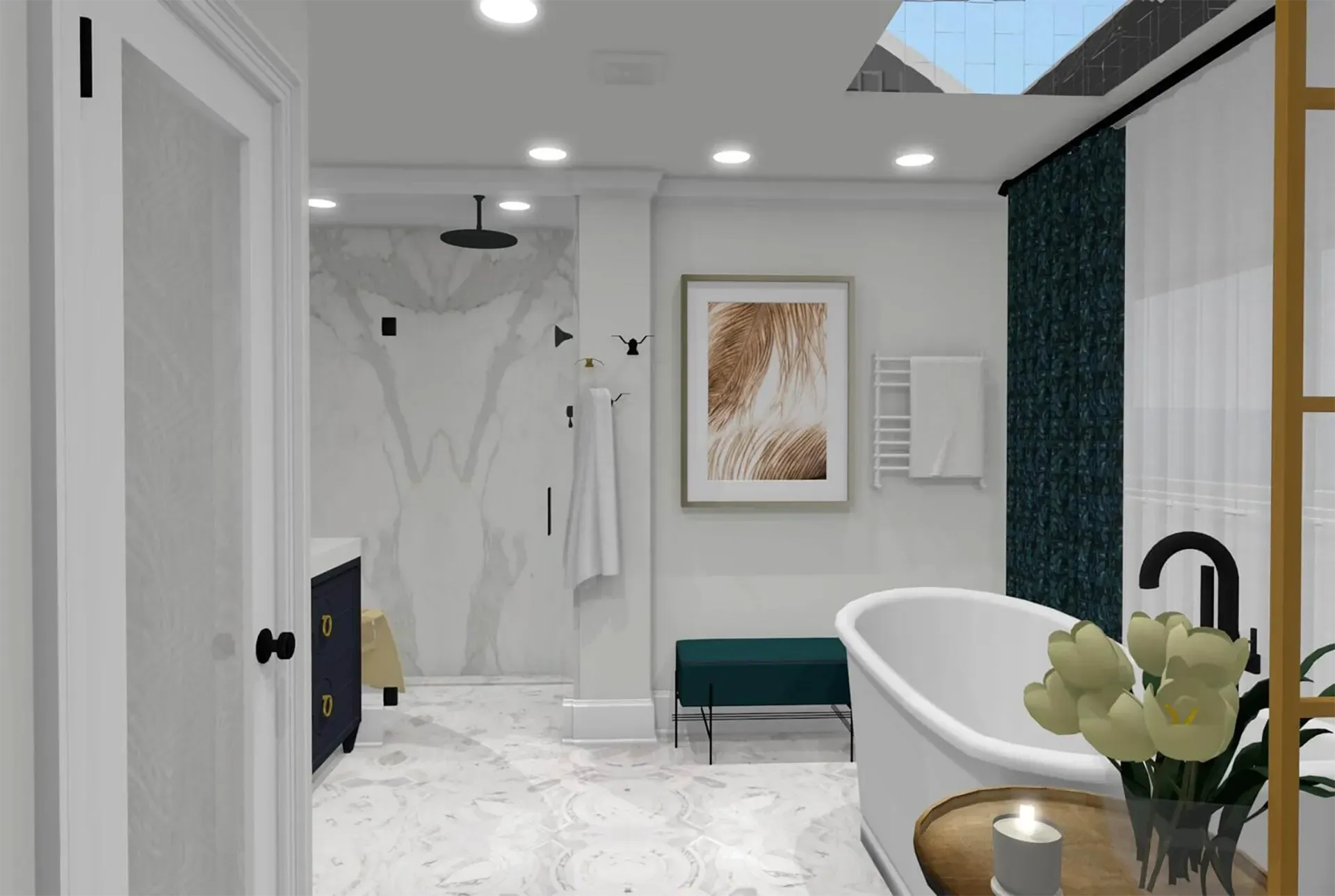 A bright, modern bathroom with a white marble floor, a standalone tub, a teal bench, and a glass-enclosed shower.