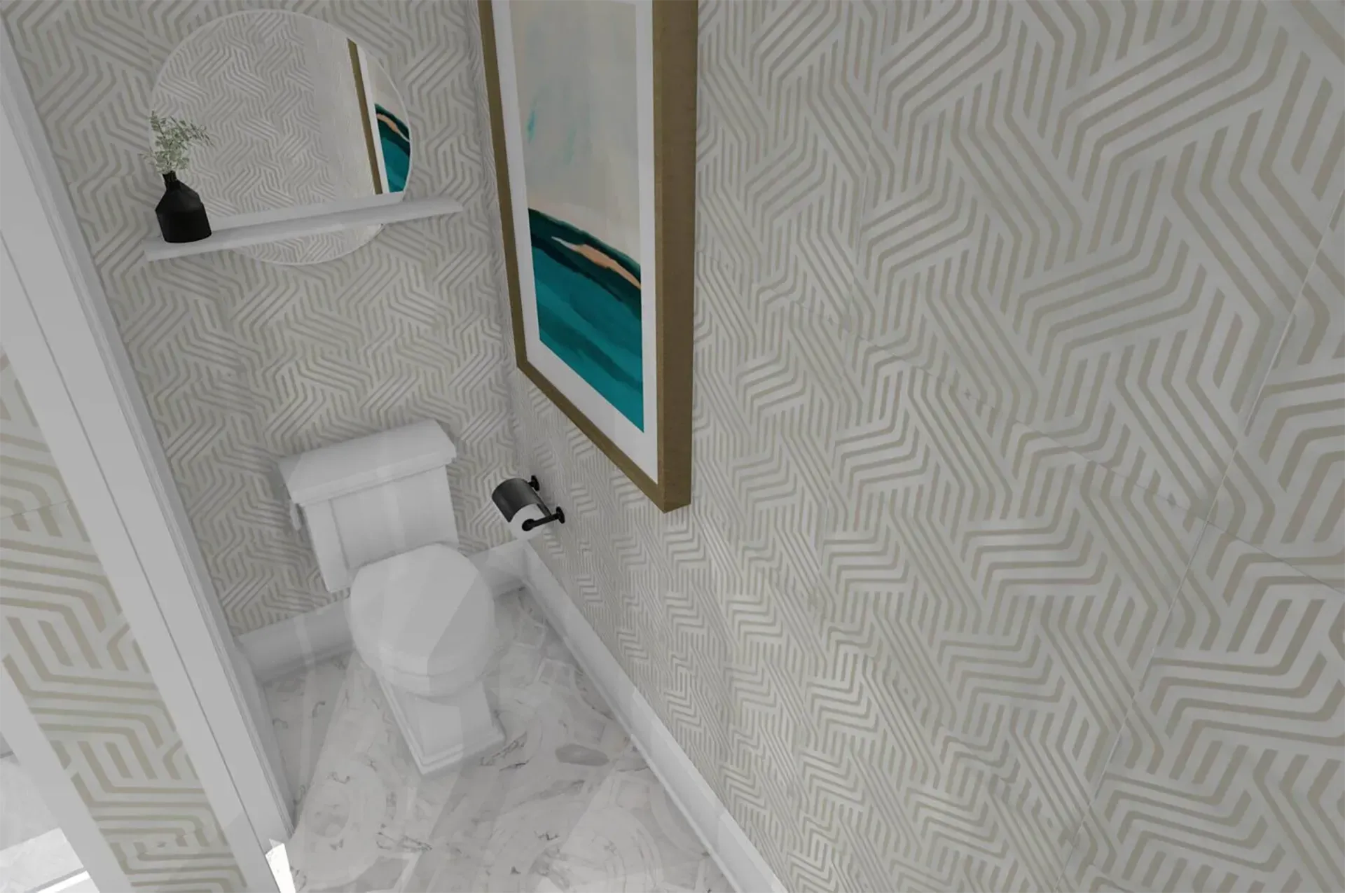 A small bathroom features light geometric wallpaper, white marble floors, a white toilet, and a framed abstract art piece.