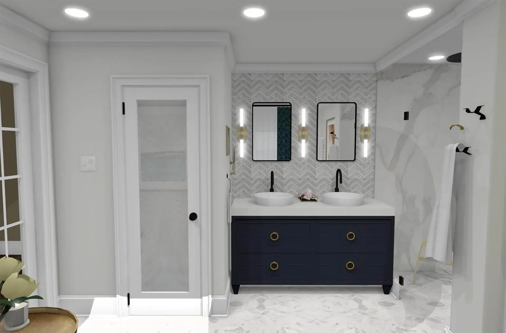 A modern bathroom with a dark blue double vanity, white marble counters, chevron tile backsplash, and a glass-door shower.