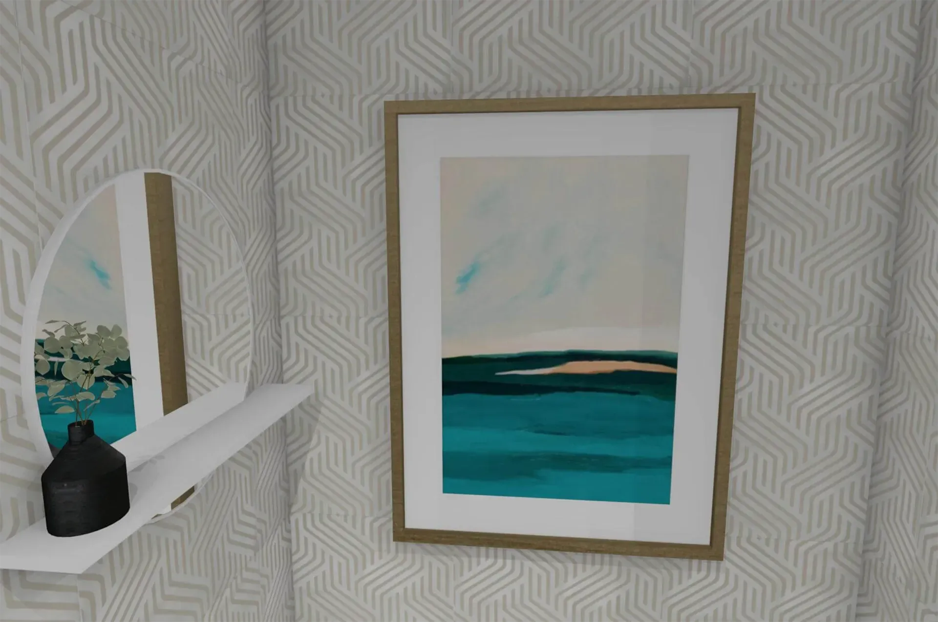 A framed landscape print hangs on patterned wallpaper next to a round mirror and a small shelf holding a black vase.