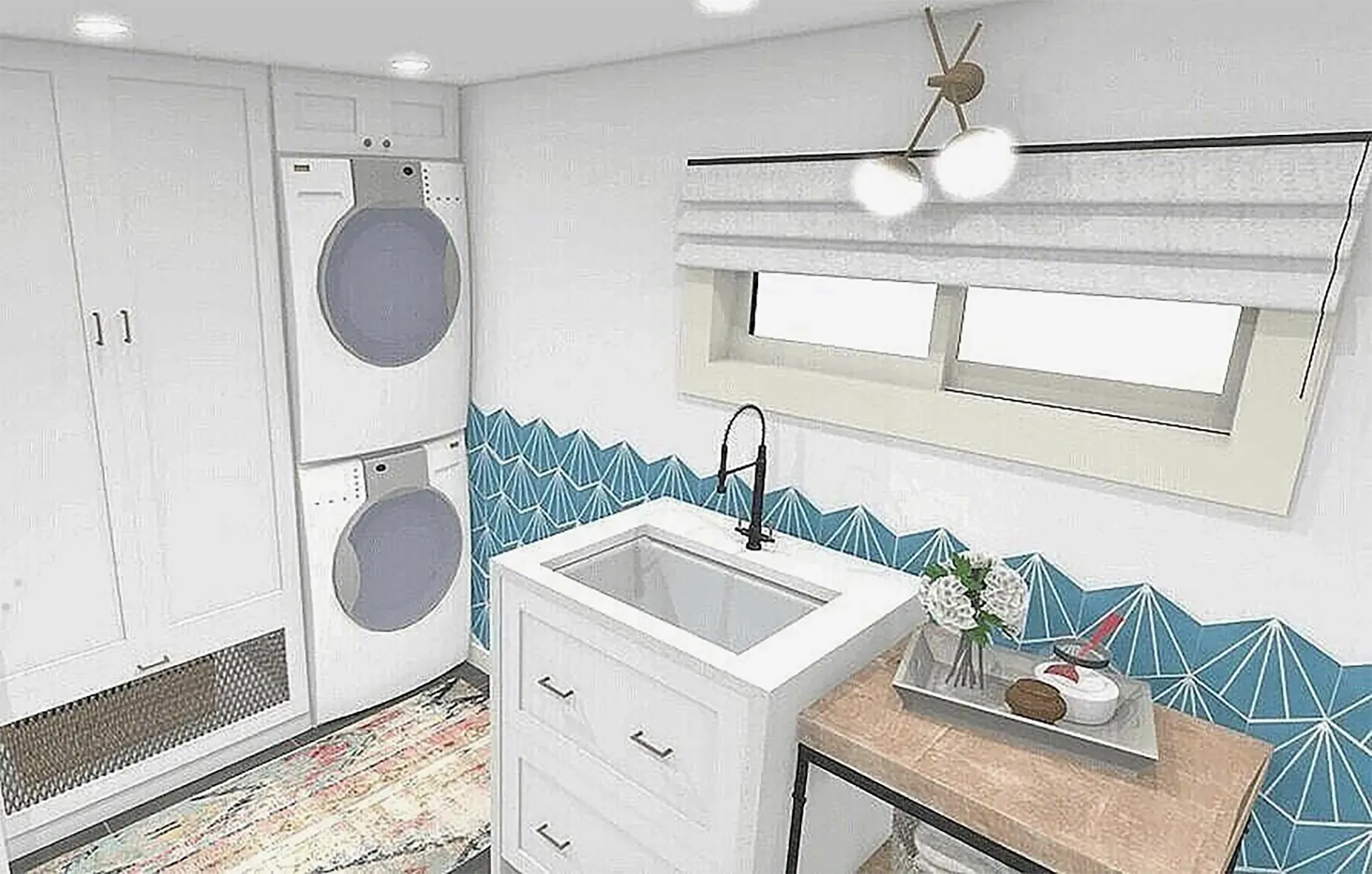 A laundry room with a stacked washer and dryer, a white utility sink, and blue patterned tile backsplash.