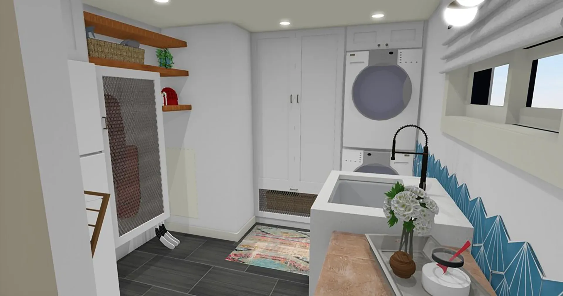 A laundry room with white cabinets, a stacked washer-dryer, a utility sink, dark tile flooring, and a blue wall mural.