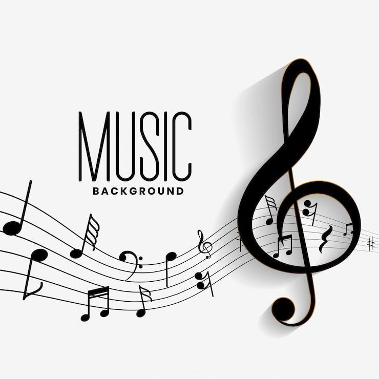 Black treble clef with musical notes on staff lines, the word