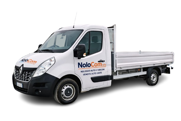 Autocarro pianale NoloCom bianco su sfondo neutro, vista laterale