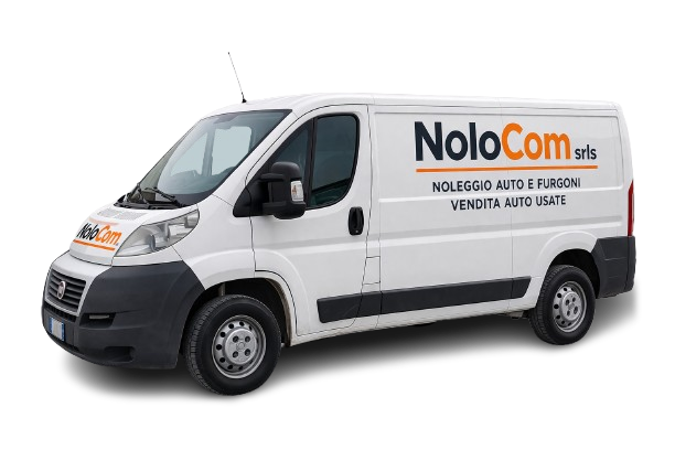 Furgone cargo bianco a noleggio NoloCom con logo aziendale su sfondo neutro