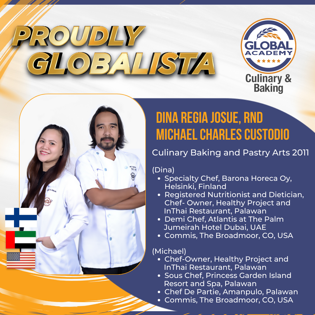 Promotional poster for Global Academy Culinary and Baking, featuring two chefs with training and bio text.