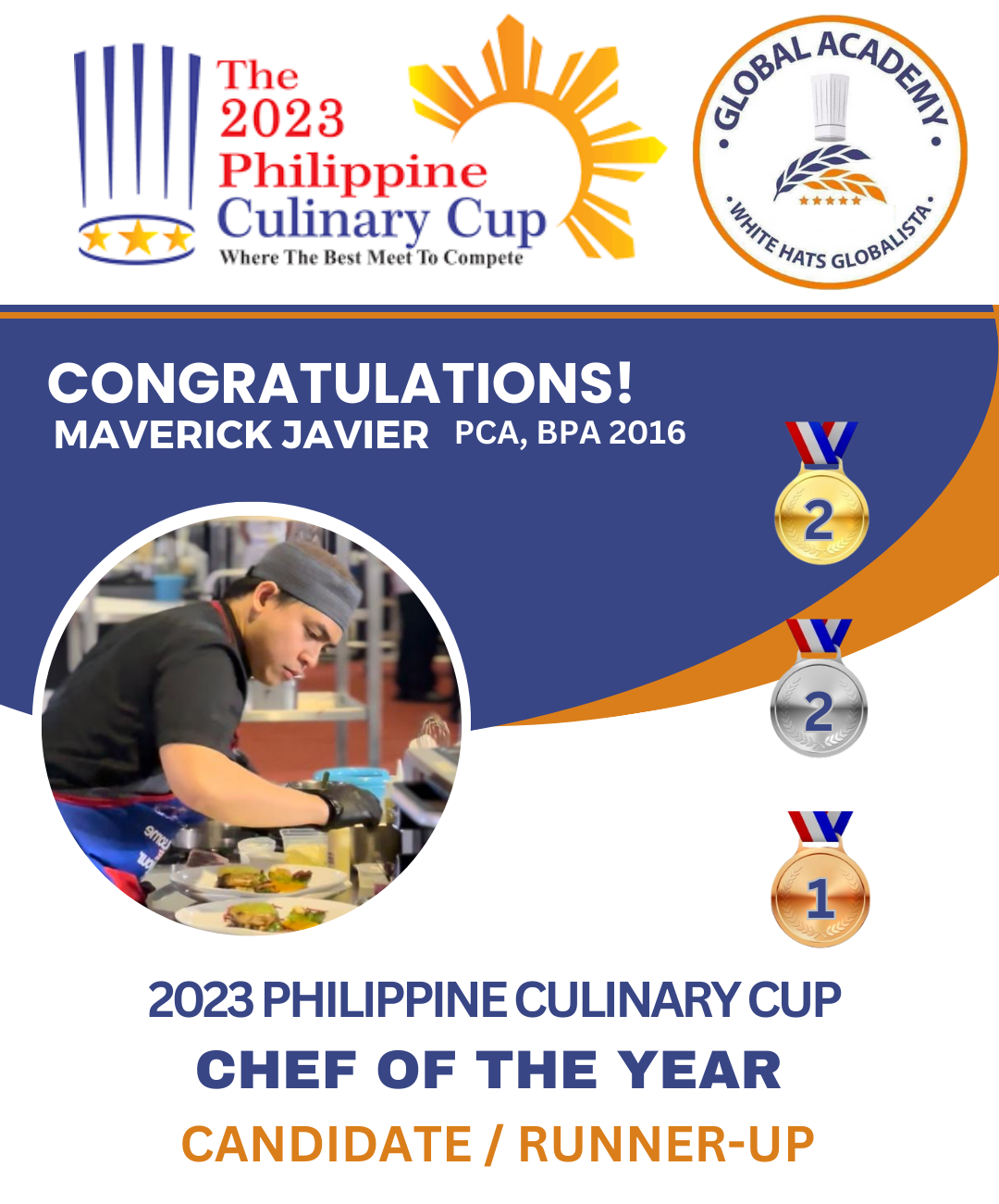 2023 Philippine Culinary Cup poster honoring Maverick Javier, Chef of the Year, with medals and chef photo