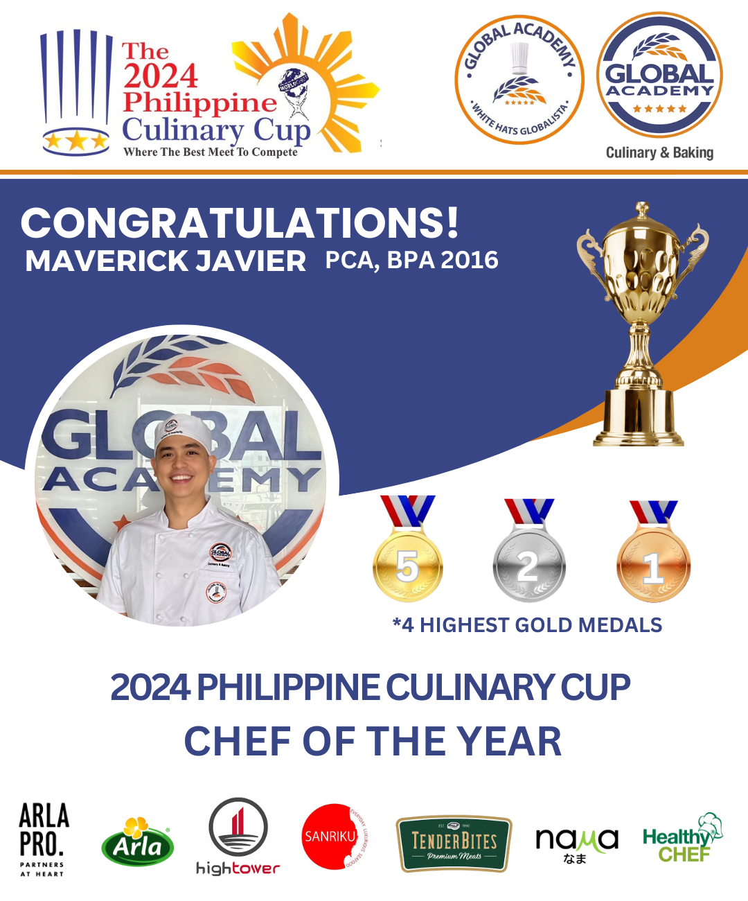 Congratulations poster for Maverick Javier, 2024 Philippine Culinary Cup Chef of the Year, with trophy and medals