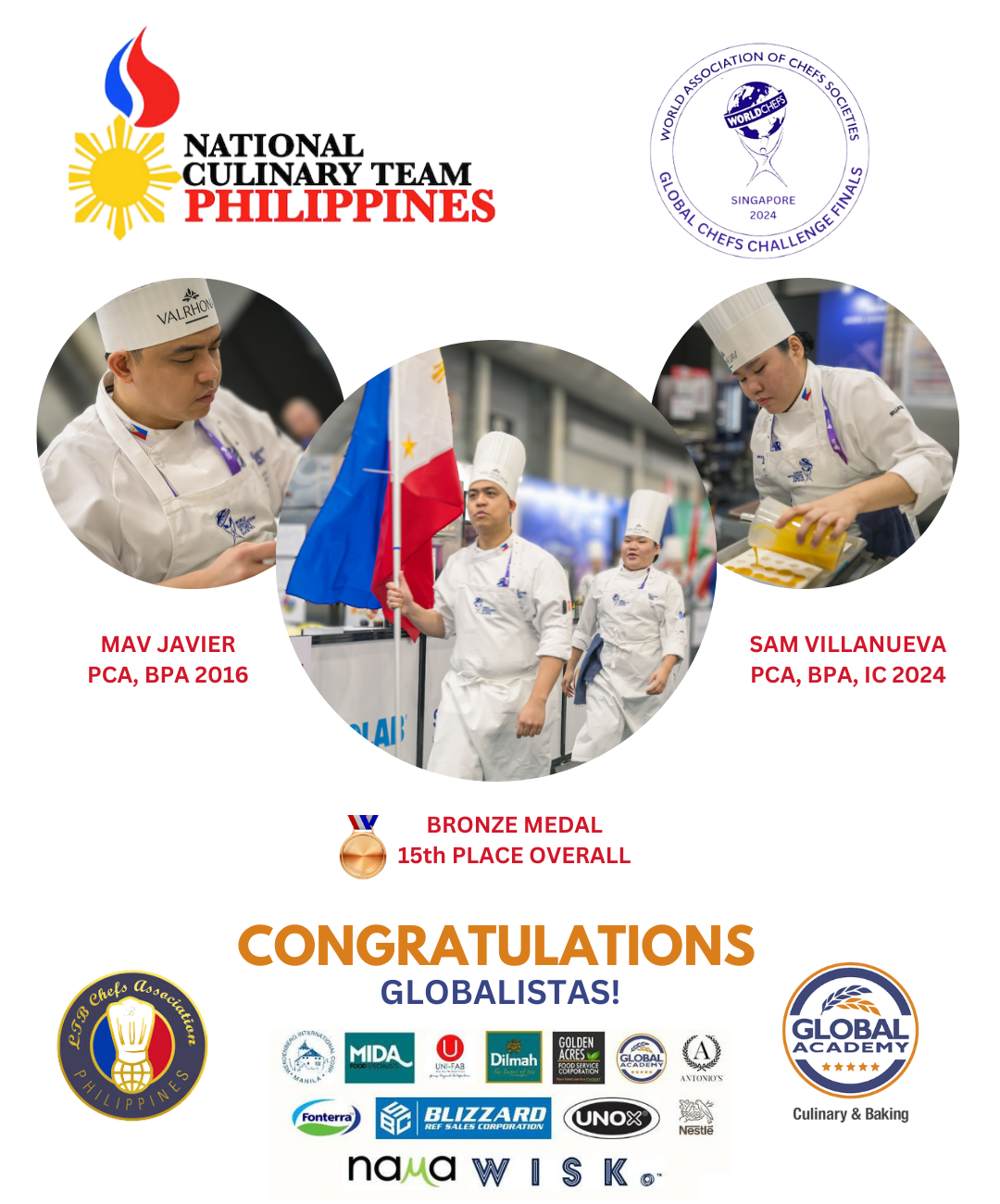 National Culinary Team Philippines poster congratulating globalist chefs in white uniforms