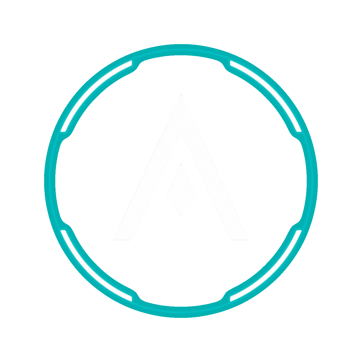 A teal circular frame containing a faint, white outline of the letter 