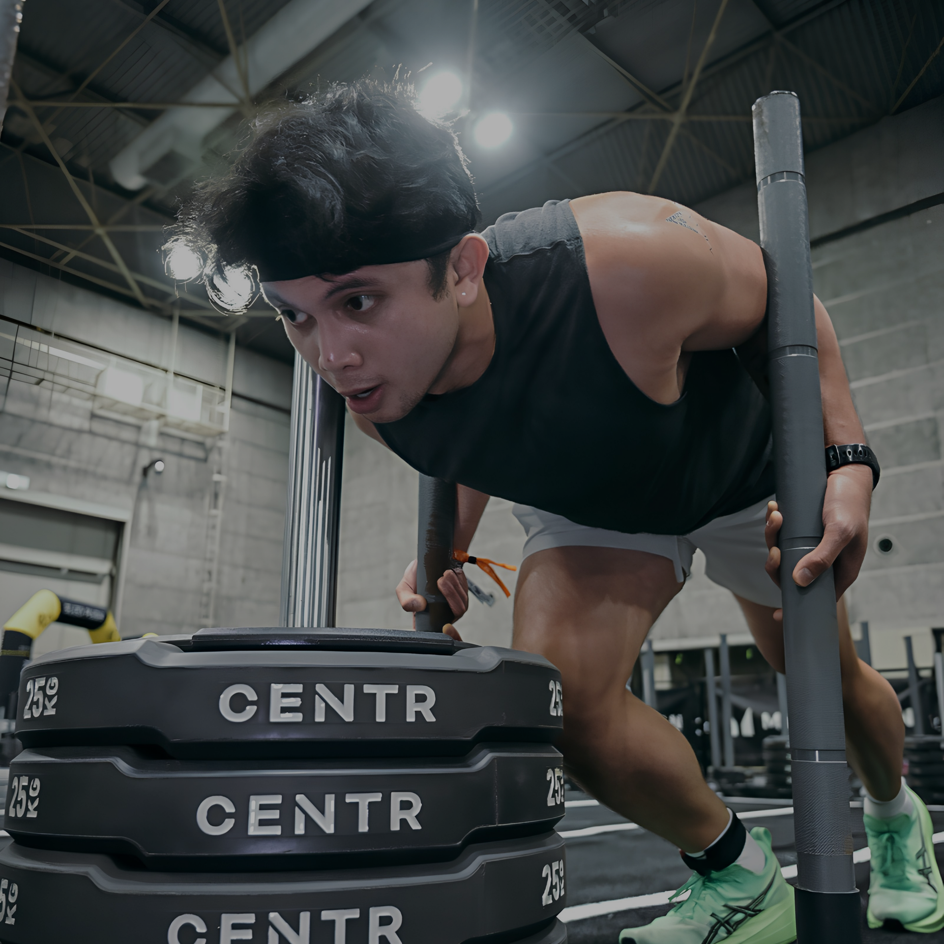 Athlete pushing on stacked weight plates in a gym, preparing for a sled push exercise.
