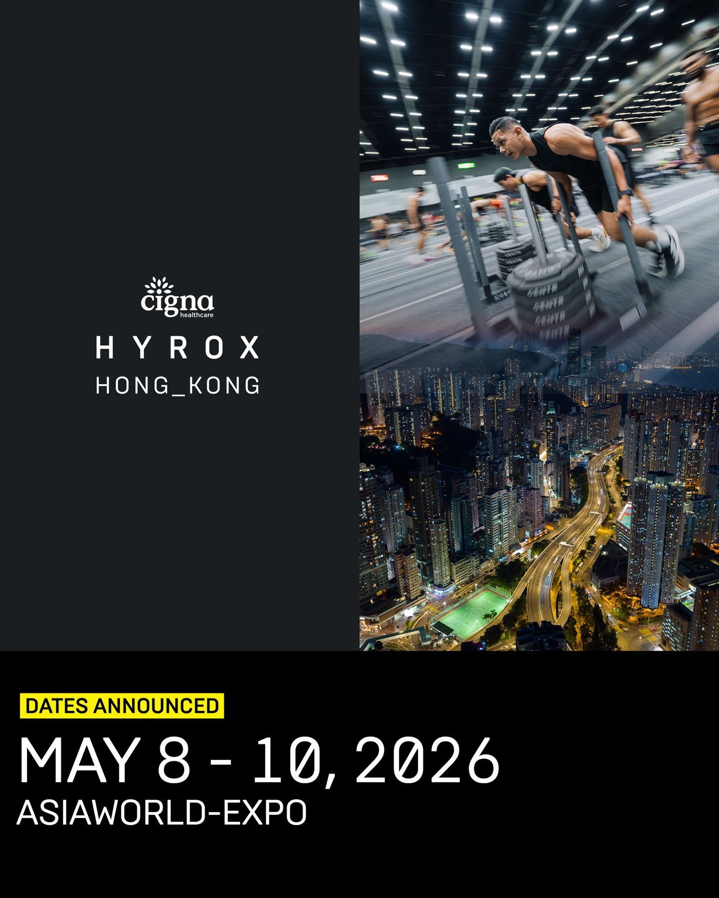 Event poster for HYROX Hong Kong, featuring athletes and city views, May 8–10, 2026, at AsiaWorld-Expo.