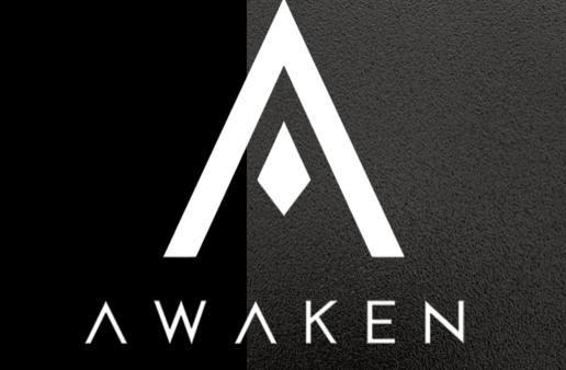 White stylized “A” logo above the word “AWAKEN” on a black and gray background