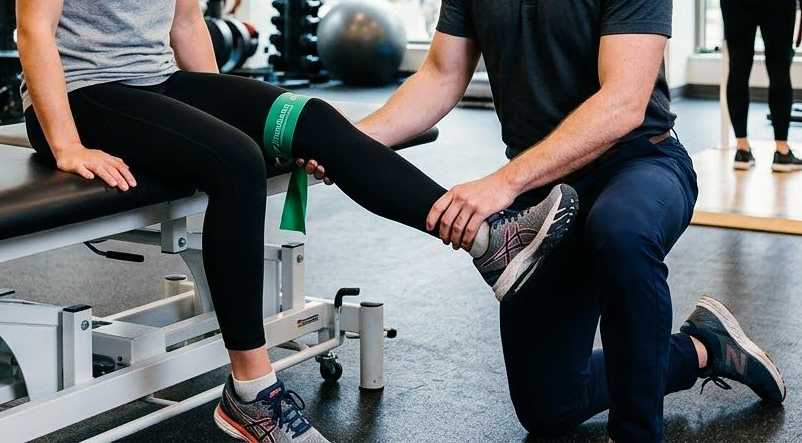 A physical therapist assisting a patient with a leg exercise using a green resistance band in a clinical gym setting.