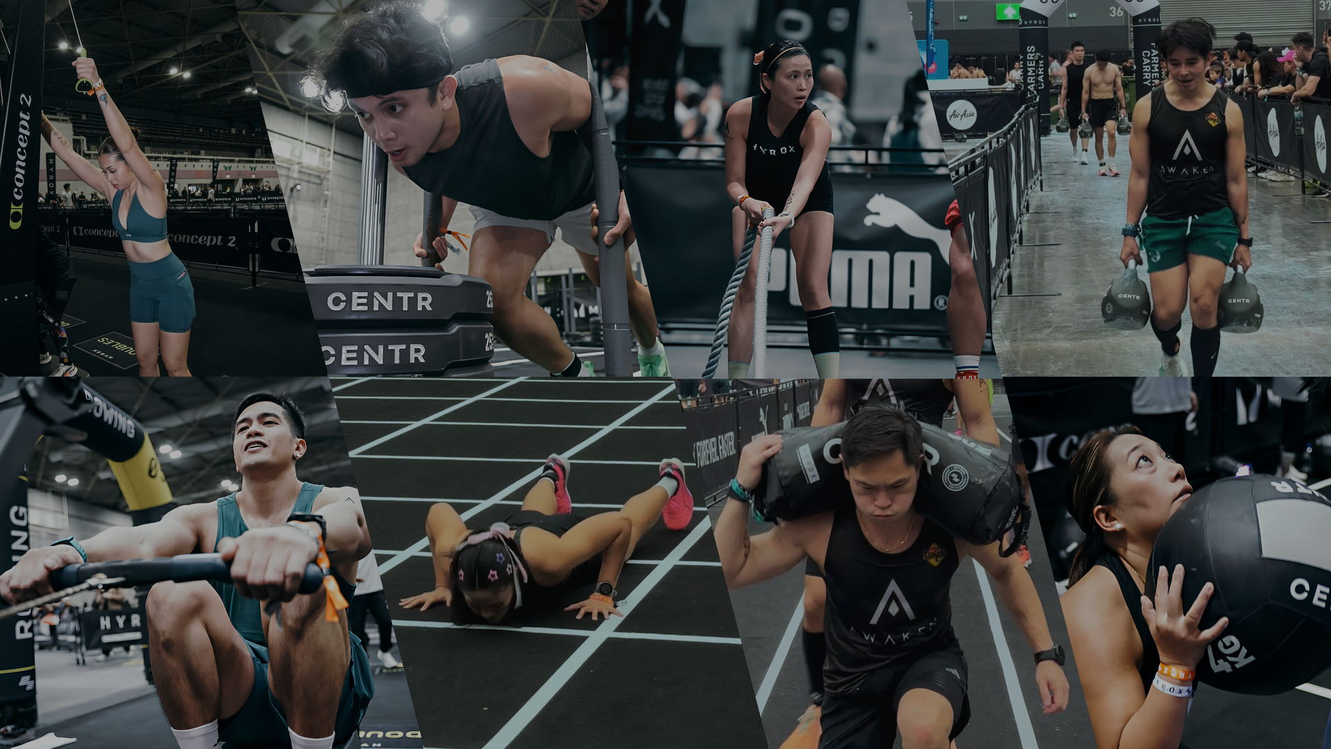 CrossFit athletes competing on a workout floor, doing sled pushes, sit-ups, and rope climbs.