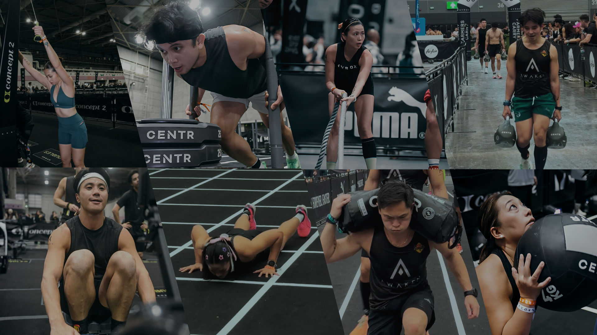 Collage of athletes competing in a CrossFit-style workout on a marked indoor lane, lifting and resting.